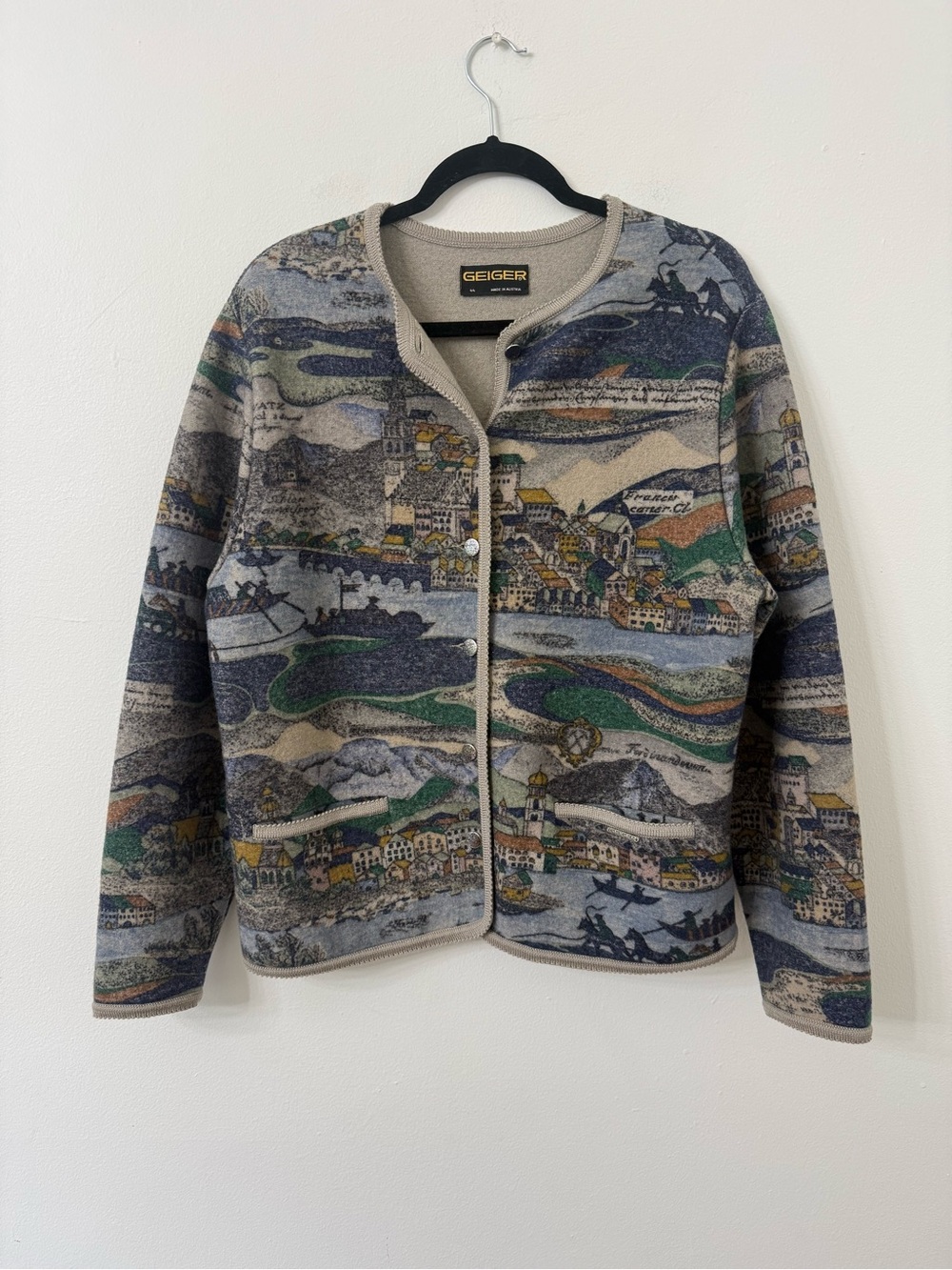 {44/XL} Geiger Scenic Tapestry Wool Cardigan Jacket Neutral Multicolor
